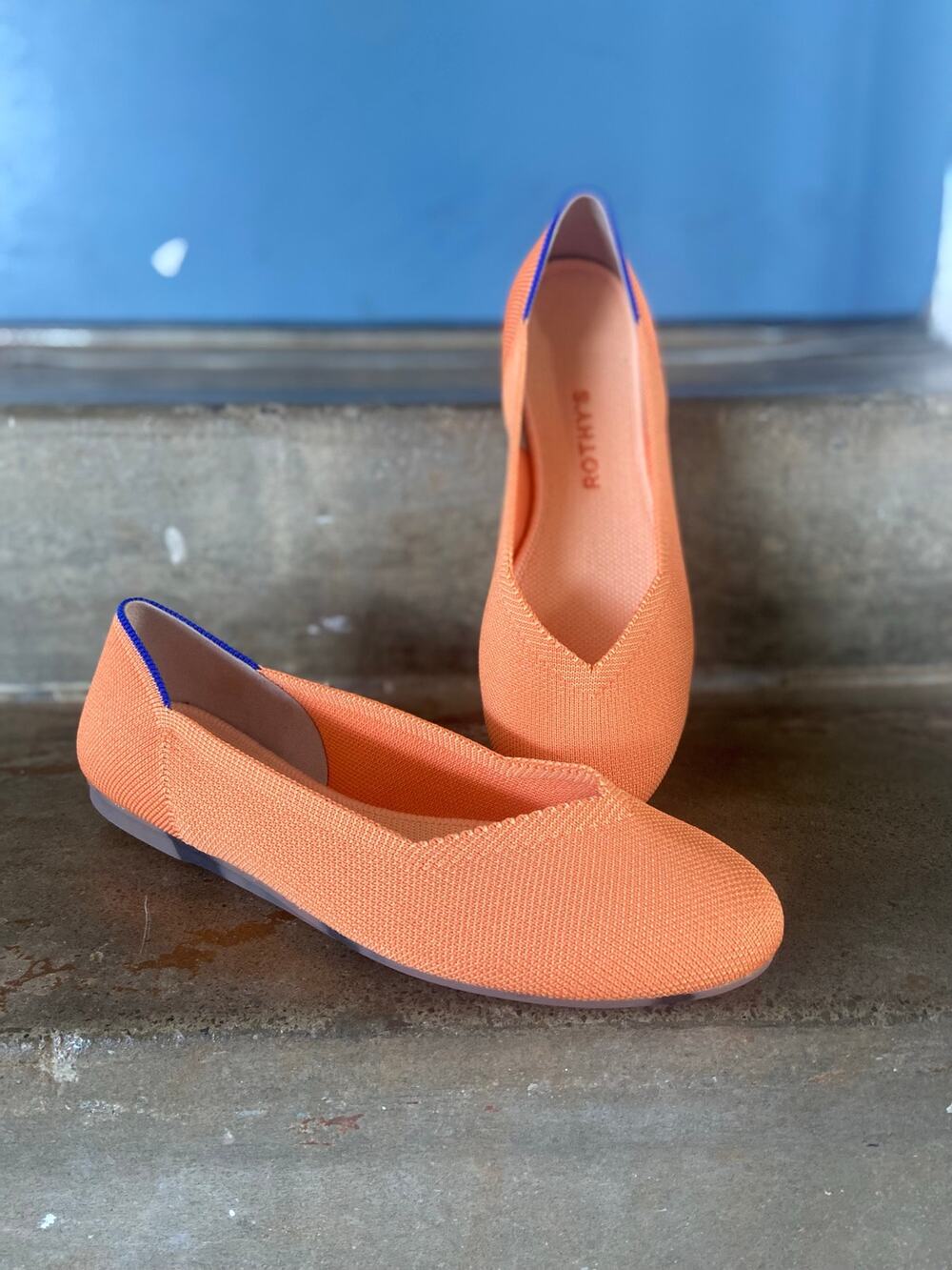 Rothy’s knit upper ballet flat in tangerine w tortoise shell style outsole